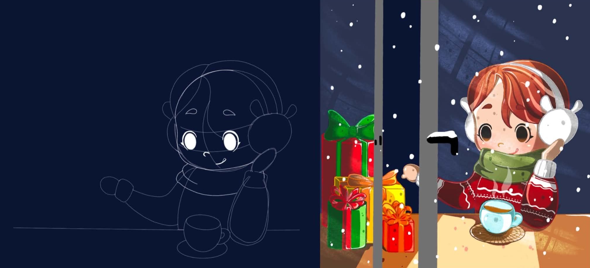 Christmas window — pencil sketch beside the finished painting