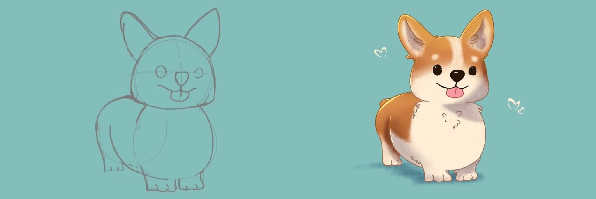 Corgi — pencil sketch beside the finished painting