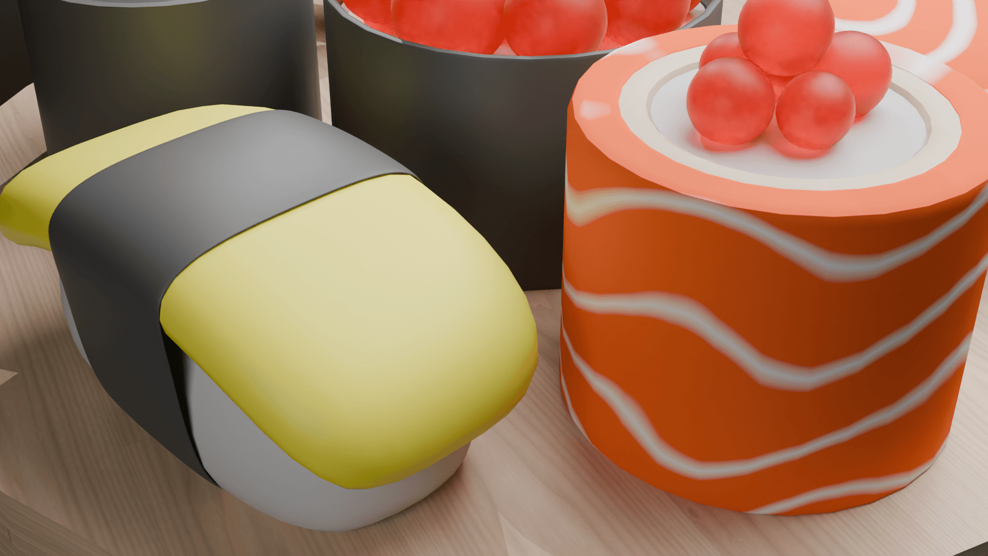 Sushi platter rendered in Blender